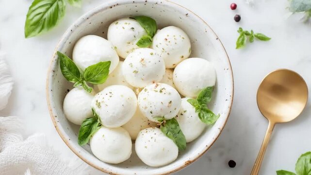 An inviting overhead shot showcases a rustic ceramic bowl generously filled with fresh, soft white cheese balls, beautifully garnished with vibrant green basil leaves and delicate sprinkles of dried h