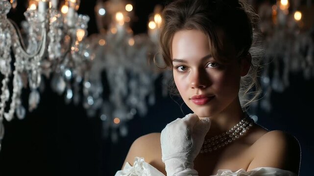 Young debutante at traditional ball, white gown and gloved hands, chandeliers above, poised expression, timeless elegance, society tradition, cinematic refinement, with copy space