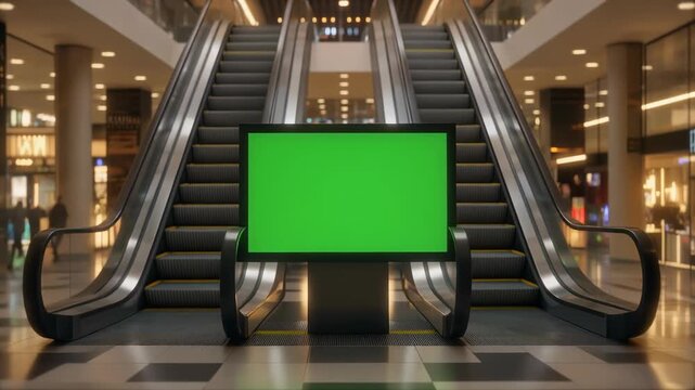 Modern Shopping Mall Escalators with Central Advertising Display and Green Screen for Digital Advertisement Use