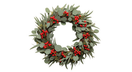 Isolated Evergreen Wreath with Red Berries, Festive Holiday Decoration and Natural Design Element