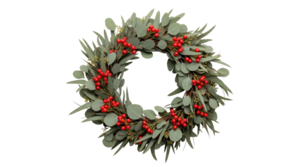Isolated Evergreen Wreath with Red Berries, Festive Holiday Decoration and Natural Design Element