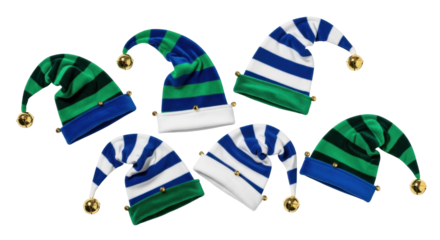 Isolated group of holiday elf hats with stripes and jingle bells on a neutral backdrop