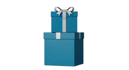 Isolated arrangement of two stacked blue gift boxes with gray ribbon for holidays and events