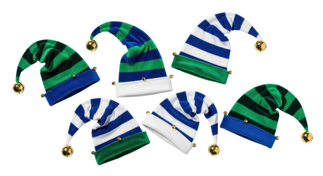 Isolated group of holiday elf hats with stripes and jingle bells on a neutral backdrop