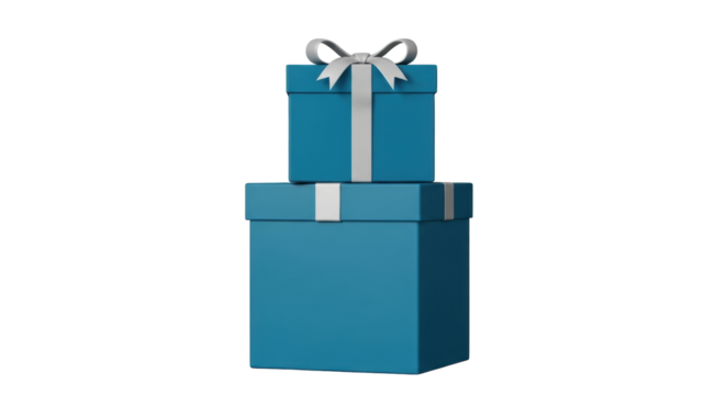 Isolated arrangement of two stacked blue gift boxes with gray ribbon for holidays and events