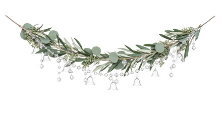 Isolated festive garland of olive branches with eucalyptus and crystal bells decoration