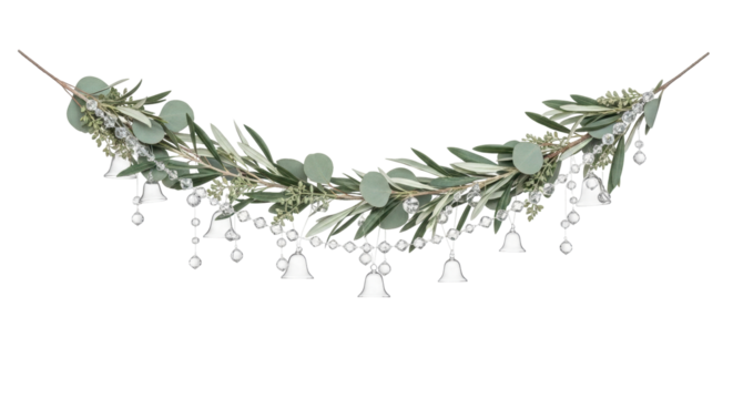 Isolated festive garland of olive branches with eucalyptus and crystal bells decoration