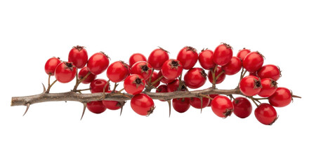 Isolated branch of red berries against a neutral backdrop, hawthorn fruit with stems