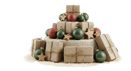 Isolated Christmas tree arrangement of wrapped gifts and ornaments, holiday still life