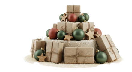 Isolated Christmas tree arrangement of wrapped gifts and ornaments, holiday still life