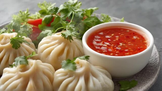 Hot, freshly steamed savory dumplings, garnished with vibrant green herbs, are beautifully plated in a close-up view. A small bowl of piquant red chili dipping sauce, flecked with spice, offers a temp