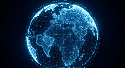 Futuristic glowing blue digital globe with continents illuminated by data streams and network connections against a dark background representing global technology and communication networks