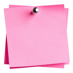 Blank pink sticky note with a silver thumbtack for reminders. Isolated on transparent background