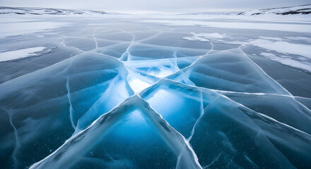 Stunning abstract close up of deep blue ice cracks on a frozen lake surface with light shining through the fissures creating a mesmerizing geometric pattern under a vast winter sky