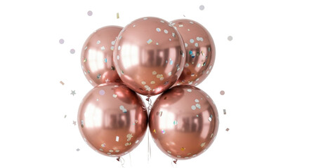 Isolated rose gold balloons with confetti pieces floating upward for celebration decor