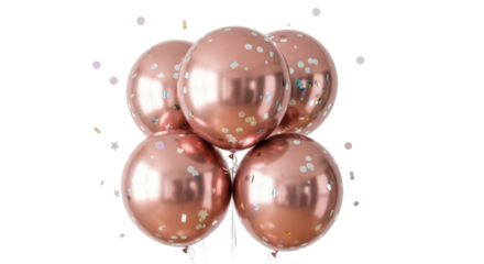 Isolated rose gold balloons with confetti pieces floating upward for celebration decor
