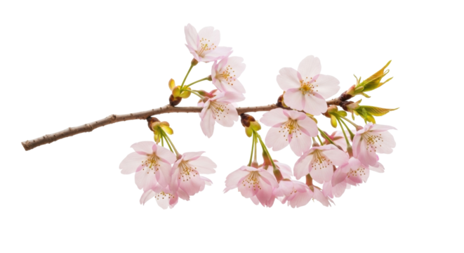 Isolated flowering branch of cherry blossoms with delicate pink petals, spring motif