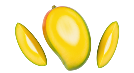 Isolated halves and slice of ripe mango fruit, tropical healthy ingredient for desserts