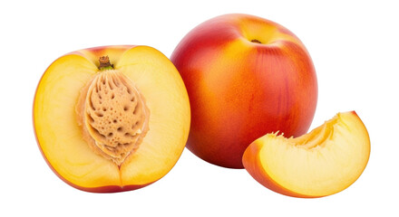 Isolated closeup of cut peach, fresh and ripe, with pit, showing a slice of delicious fruit