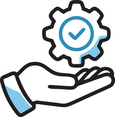 Minimalist Hand Holding Gear with Checkmark Icon, Representing Successful Service Setup or Quality Control Confirmation, Flat Vector