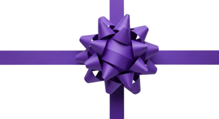 Isolated, purple ribbon gift bow present, cross shape, celebratory, holiday, party, tied