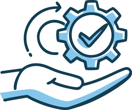 Hand Holding Gear and Checkmark Icon with Circular Arrows, Symbolizing Continuous Optimization, Process Improvement, or Workflow Cycle