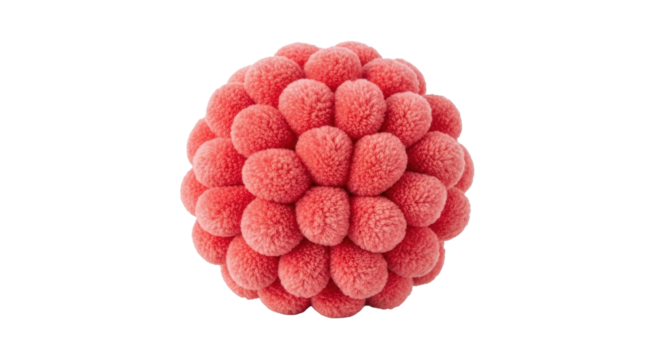 Isolated fluffy sphere made of coral pom-poms, a creative decorative object for DIY crafts