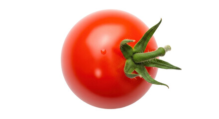 Isolated single red cherry tomato with green leaves and stem for fresh salad preparation