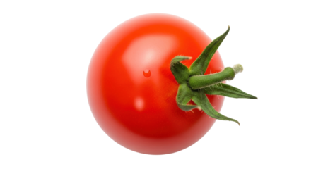 Isolated single red cherry tomato with green leaves and stem for fresh salad preparation