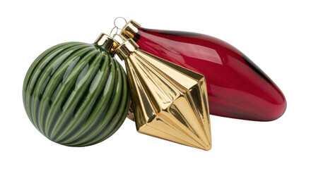 Isolated festive Christmas ornaments three colorful red gold green holiday decorations