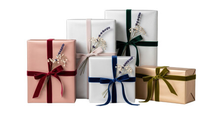 Isolated gifts with elegant ribbons and botanical accents for special occasions, holidays
