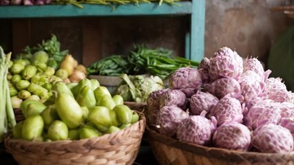 This close-up shot captures a colorful and abundant display of fresh produce, showcasing a diverse selection of vegetables arranged in rustic woven baskets. Bright green asparagus stands tall on the l - Powered by Adobe