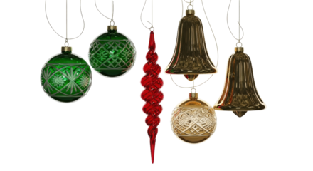 Isolated Christmas tree ornaments for a festive celebration, suspended decorative elements