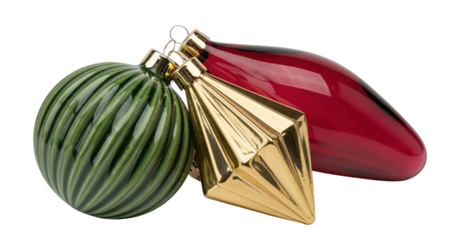 Isolated festive Christmas ornaments three colorful red gold green holiday decorations