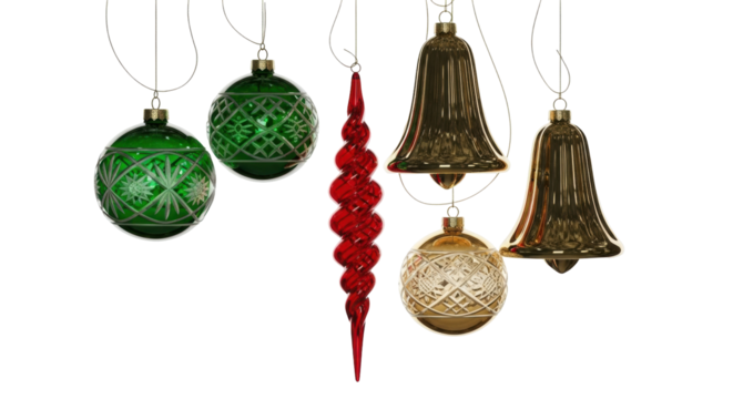 Isolated Christmas tree ornaments for a festive celebration, suspended decorative elements - Powered by Adobe