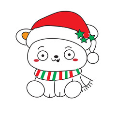 Cute polar bear wearing a Santa hat and scarf vector illustration for Christmas and winter holiday designs isolated on white background