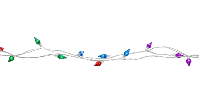 Isolated string of colorful Christmas lights featuring red, green, blue, and purple bulbs