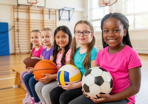 Group of diverse girls smiling and holding sports balls in a gymnasium - Powered by Adobe