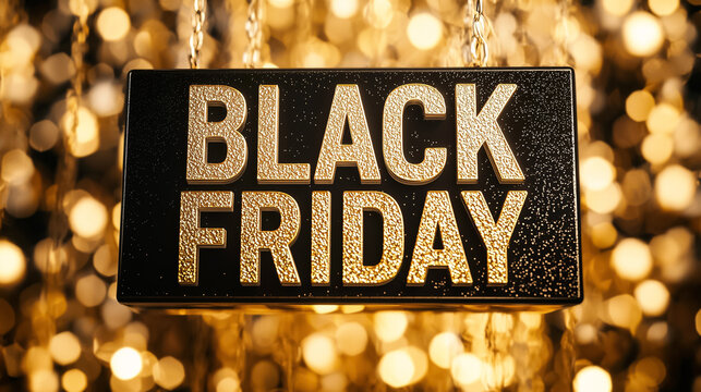 Shiny Black Friday sale sign adorned with shimmering golden lights. E-commerce marketing, retail promotions, holiday shopping campaigns, drawing attention to seasonal discounts. Online store banners.