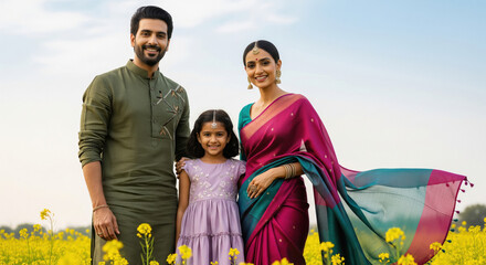 Joyful Indian Family Portrait in Vibrant Mustard Field