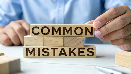 Common mistakes concept with wooden blocks in the hands of a man, business and education concept, problem solving, solution