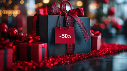 Contemporary red and black composition featuring gift boxes with 50 percent sale tag. Black Friday, Christmas marketing, Cyber Monday, New Year, retail sale banners, luxury product promotion campaigns