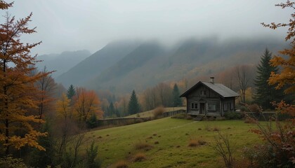 Foggy autumn scene of a mountain village with an old wooden house in the garden