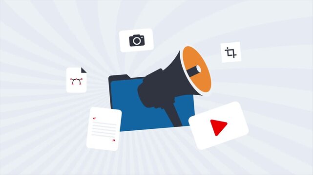 Digital marketing and brand communication concept with media kit elements, press release visuals, and online promotion strategy for modern business engagement and content creation 4k video