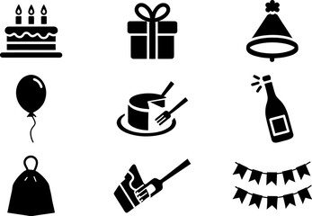 Celebration party event  set vector design for birthday cake gift balloon and champagne elements set vector silhouette  set, silhouette illustration.