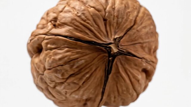 This extreme close-up shot captures a single, whole walnut slowly rotating against a pristine white background. The intricate, textured surface of the walnut shell is highlighted in exquisite detail, 