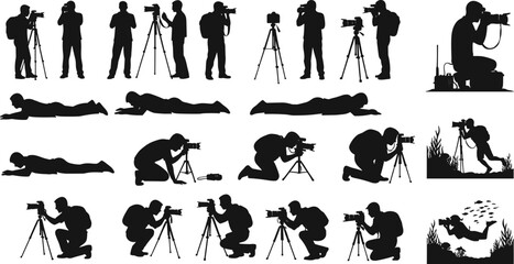 Silhouette photographers with tripod, standing, kneeling, crouching, prone, underwater camera scenes, diverse photography poses, creative vector illustration, professional shooting techniques
