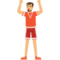 Man In Red T Shirt And Shorts Celebrating Victory With Arms Raised In The Air Full Body Isolated On Transparent Background