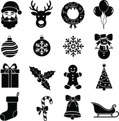 Christmas icon set with santa, reindeer, snowman, gift, bell