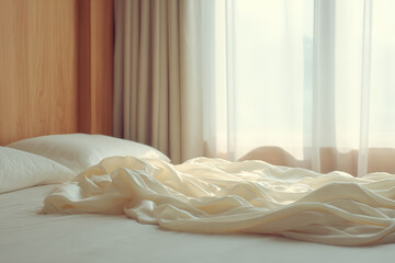 beautifully made bed after restful sleep with crumpled sheets bathed in soft light